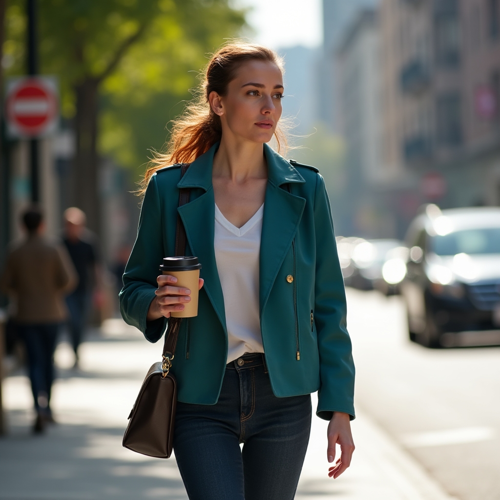 Person taking an active midday walk in an urban environment, natural light, purposeful movement