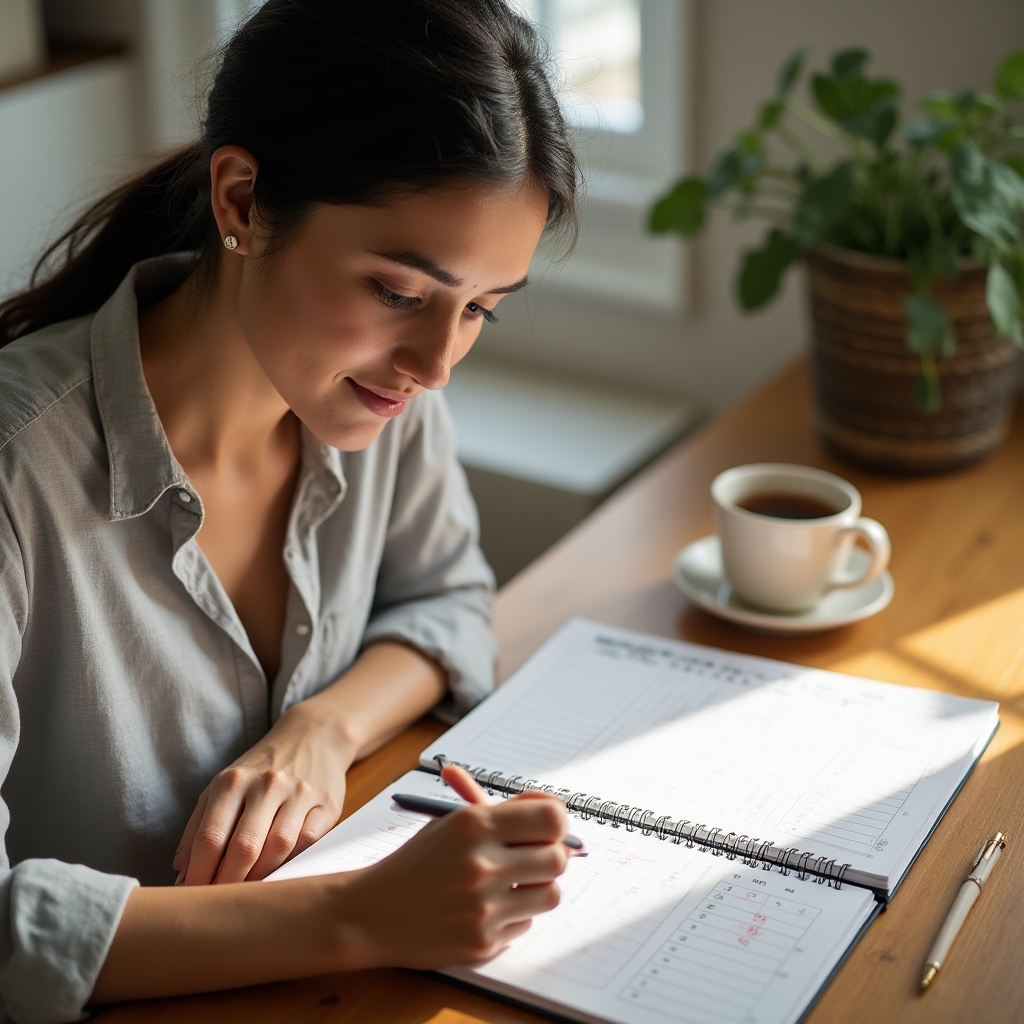 Person planning daily schedule at a well-organized desk with a structured planner