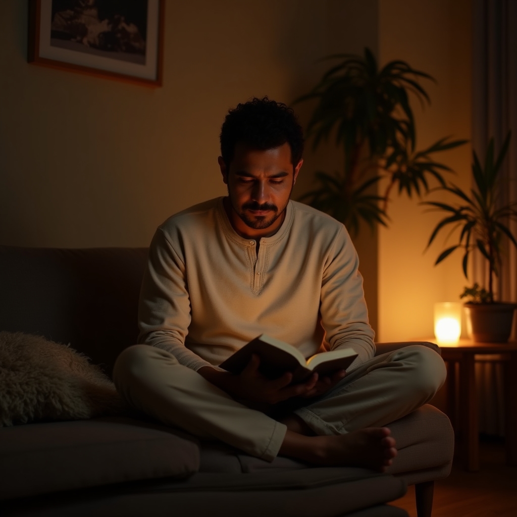 Person in a calm evening environment practicing a structured wind-down routine with soft warm lighting
