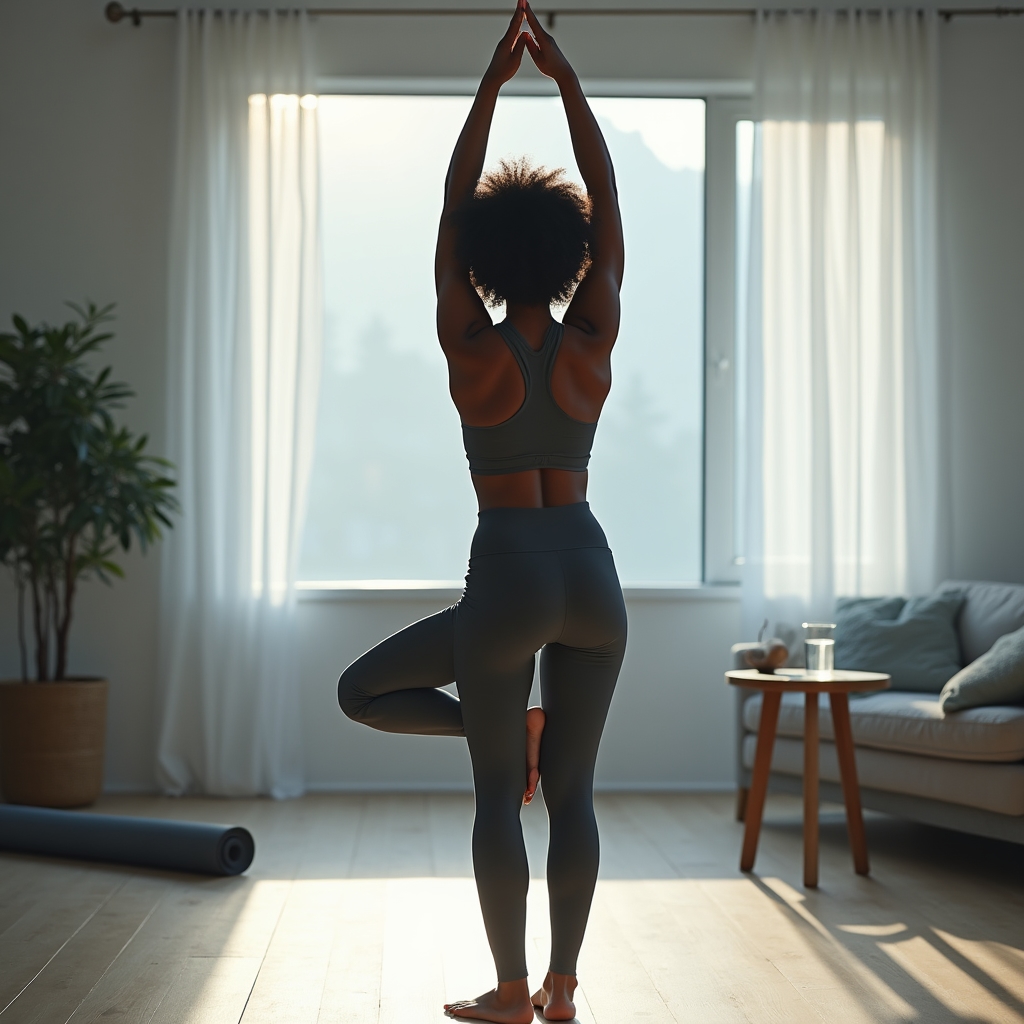 Early morning movement routine in a calm, minimal home environment