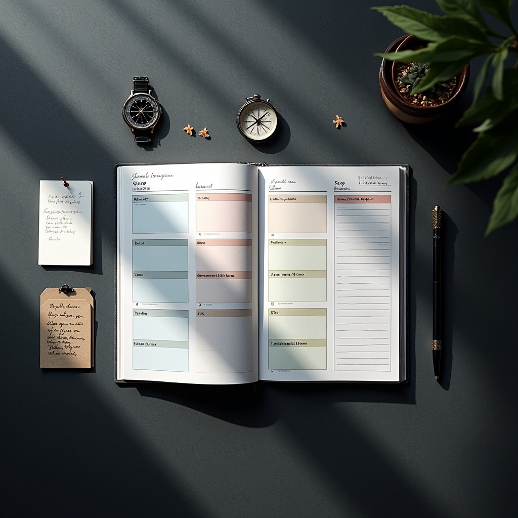 Structured daily planner open on a desk showing organized time blocks for work, rest and movement